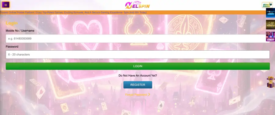 Registration screen at Nelspin casino with SMS verification