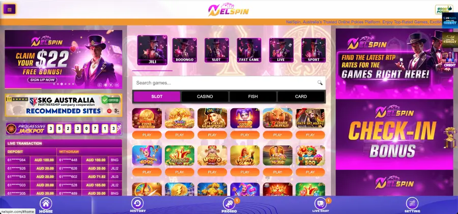 Nelspin casino homepage overview with pokies and fast games